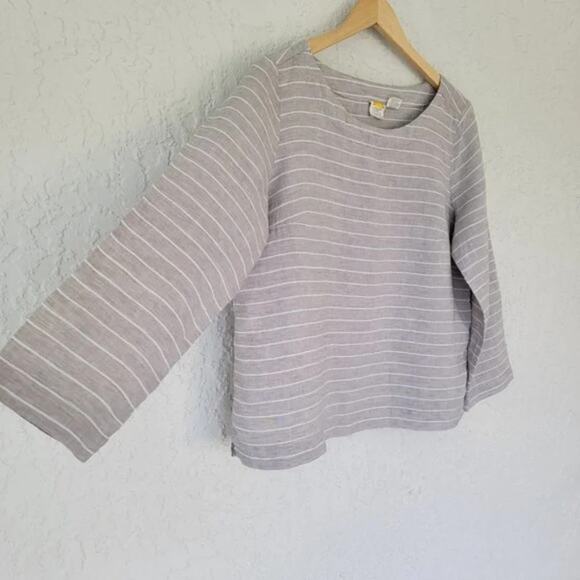C&C California Long Sleeve Striped Linen Top Tan White Women Size M Round Neck - Picture 3 of 9